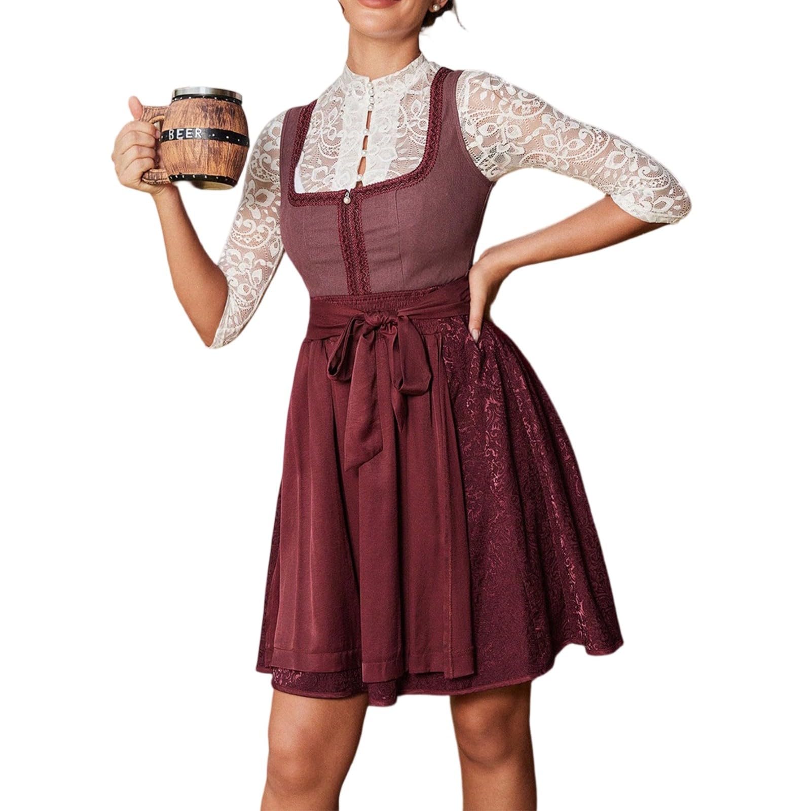 Generisch Dirndl Damen Kurz Dirndl-Komplettsets Oktoberfest Damen Outfit | Trachtenkleid Frauen Spitze Samt Dirndlkleid Set 3 Teilig Kleider Inkl. Dirndlbluse Dirndlschürze Trachtenrock Trachtenmode