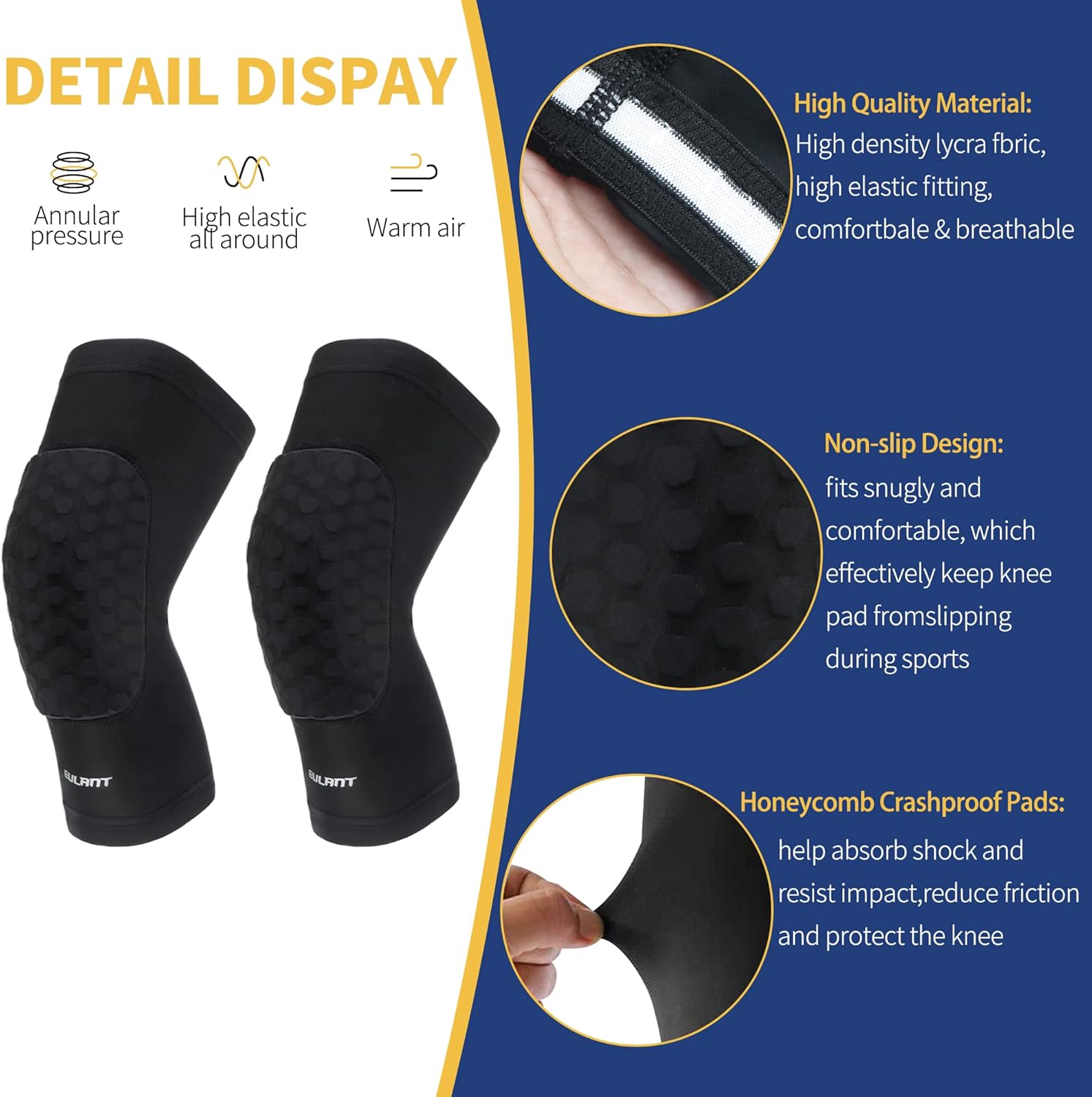 EULANT Hex Knee Pads/Hex Elbow Pads Compression Sleeve for Volleyball, Basketball, Baseball, Football Wrestling Cycling Running Weightlifting & All Contact Sports,Youth & Adult Sizes, 2 Packs