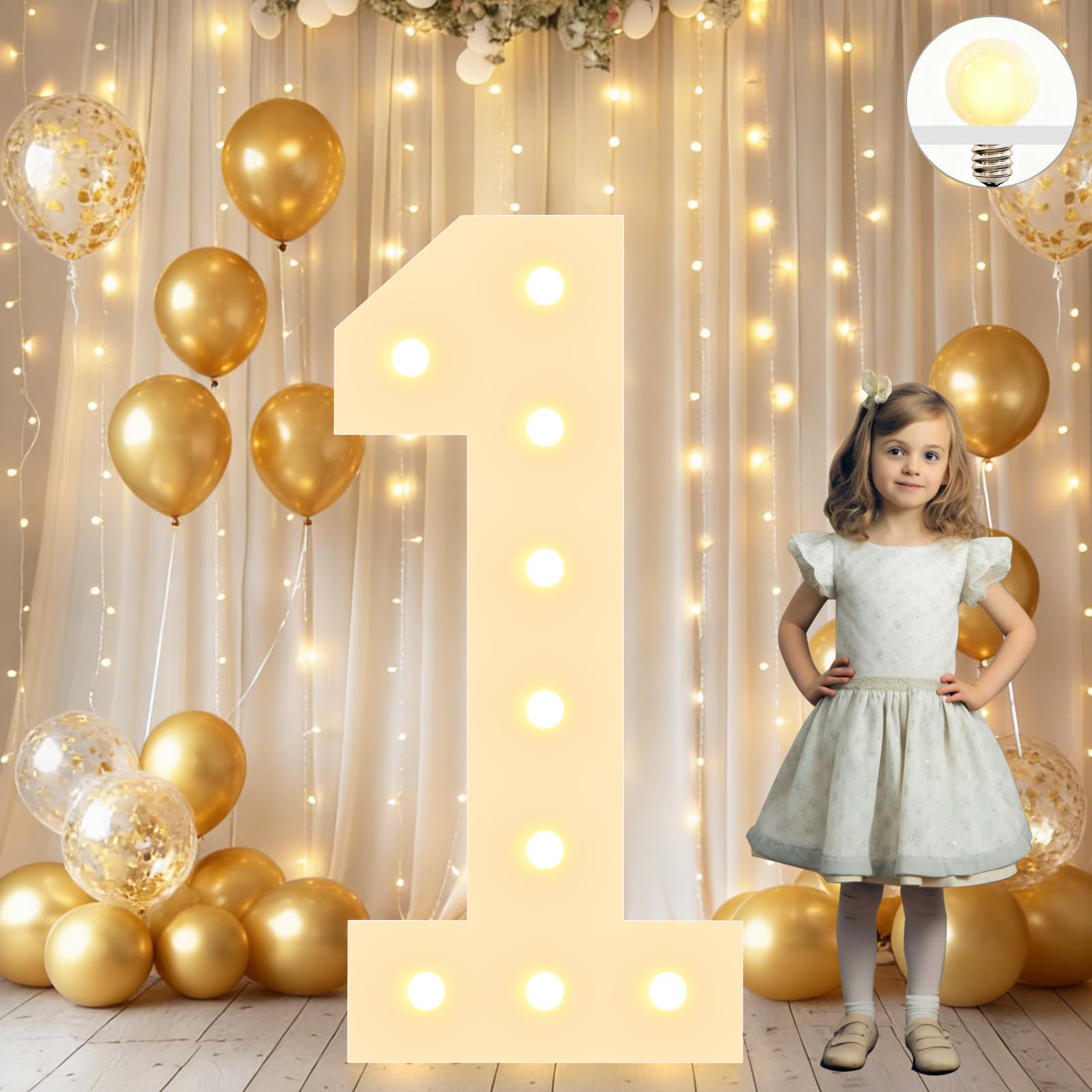 Vimlits Large 4FT Light Up Numbers Birthday Decoration, White Marquee Number Sign for 1st Party Anniversary Backdrop Wedding Baby Shower Big Mosaic Number Frame Foam Cardboard Pre-cut Number 1 — image 1