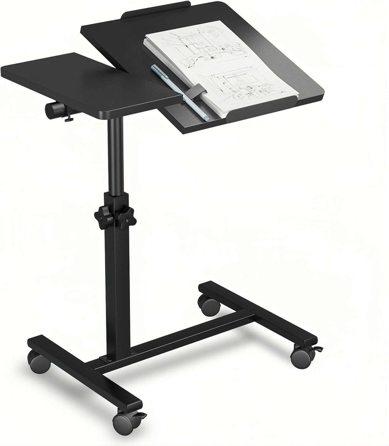 Rolling Over Bed Table Adjustable Height with Wheels Side Table for Couch Laptop Desk Hospital Overbed Table Couch TV Tray Table Computer Workstation-Frosted Black