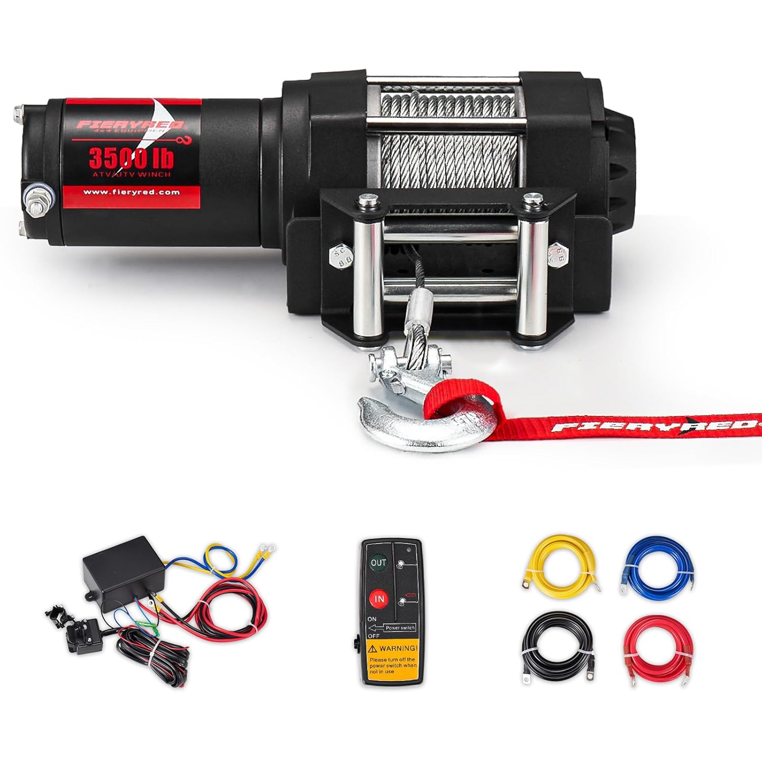 FieryRed ATV/UTV Winch- 12 V 3500LBS Electric Winch with Steel Cable, Wire and Wireless Remote Control, Roller Fairlead, IP67 Waterproof