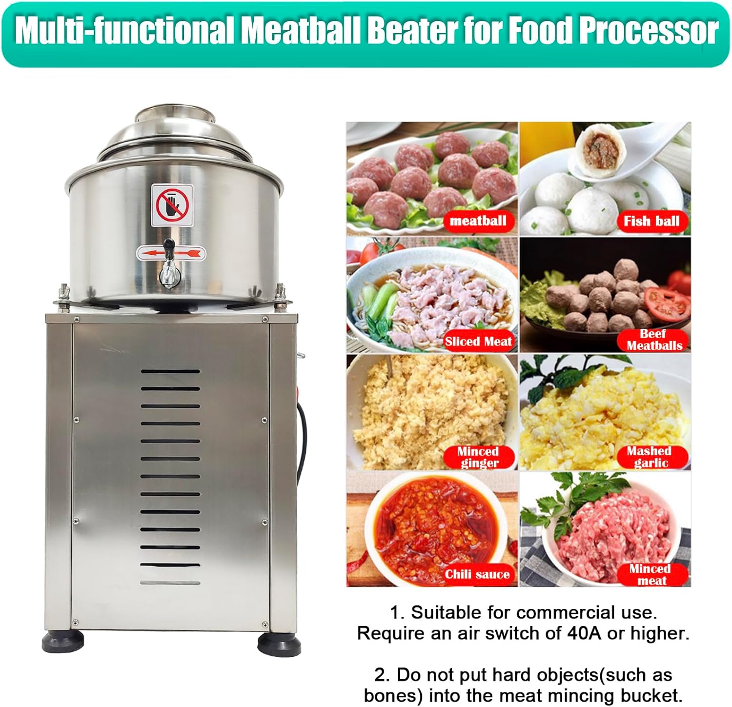 Commercial 220V Electric Meat Mincer & Meatball Mixer with 9.45" Inner Cylinder & 2 Blades, 3KW Heavy Duty Meat Puree Machine for Pork, Beef, Fish Ball Making, Food Processor without Plug