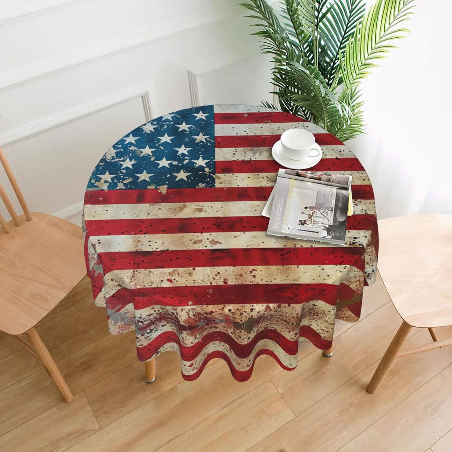 USA Flag Print Wrinkle Free Dining Table Cover for Birthday Party Farmhouse Tablecloths Up to 60 x 60 Inches