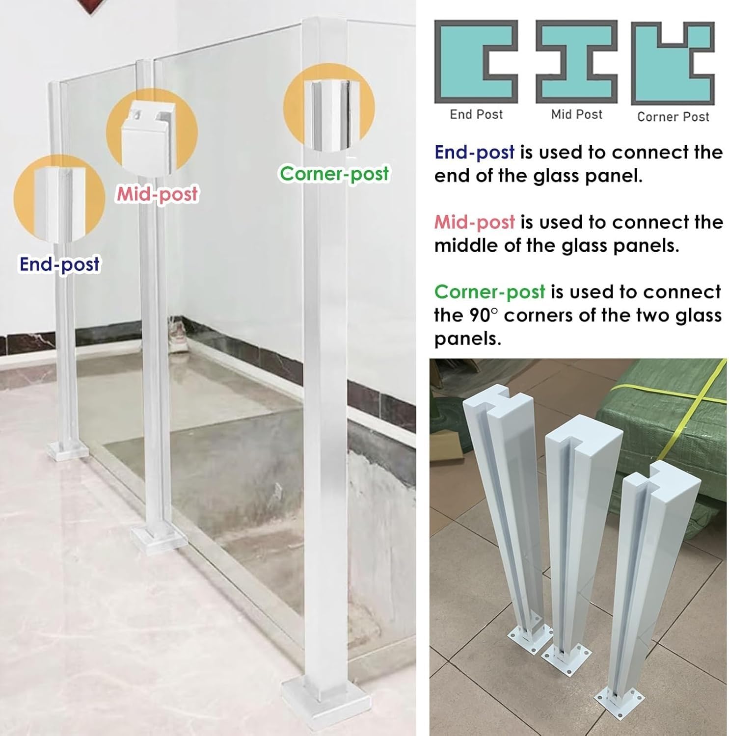Paletti per ringhiera per scale in acciaio inossidabile resistente con pannelli in vetro bianco, 125 cm, per interni ed esterni, per giardino, patio, piscina e scale, elegante e sicuro