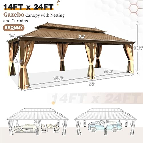 Miniatura 2 de EROMMY Cenador de techo rígido de 14 x 24 pies, toldo de acero galvanizado de doble techo, marco de aluminio para exteriores, pabellón de metal