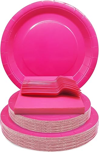 El juego de suministros para fiesta de color rosa intenso incluye platos y servilletas de papel rosa intenso, juego de vajilla de papel rosa intenso