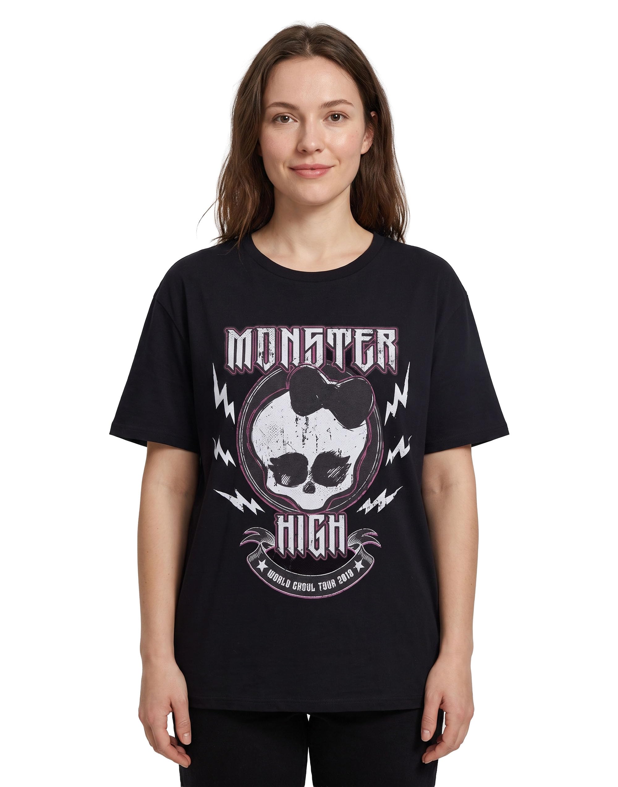 Monster High Women's Black T-Shirt | Rock Logo Short Sleeve Graphic Tee In | World Ghoul Tour 2018 Classic Logo Tv Show Apparel Top | Fashion Cartoon Series Merchandise Gift