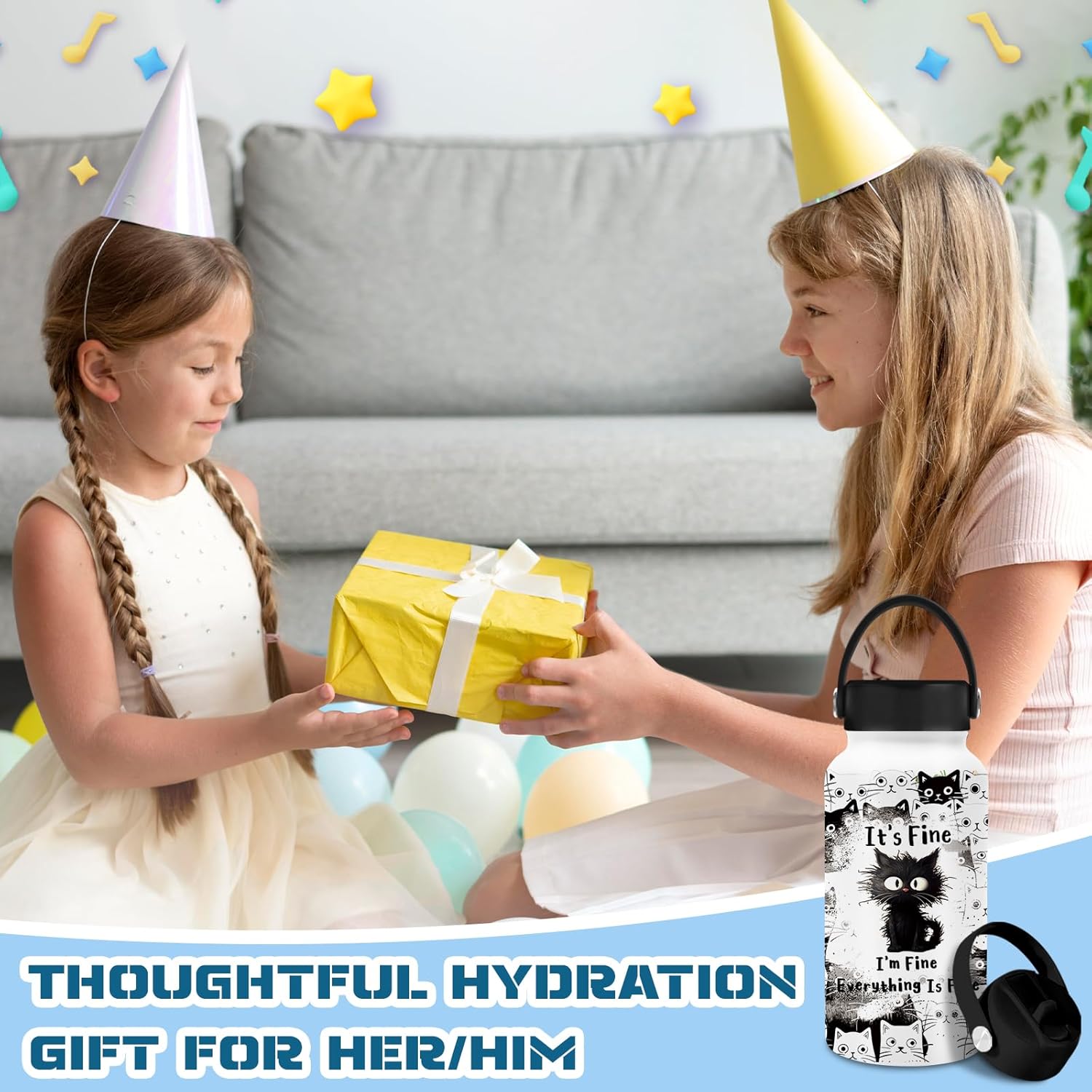 Cat Gifts for Women, 25oz Fine Cat Water Bottle with 2 Lid & Straw - I'm Fine Black Cats Insulated Water Bottles, BPA-free Leakproof Sports Waters Bottle for School Travel, Gift Cup for Cats Lover - Image 8