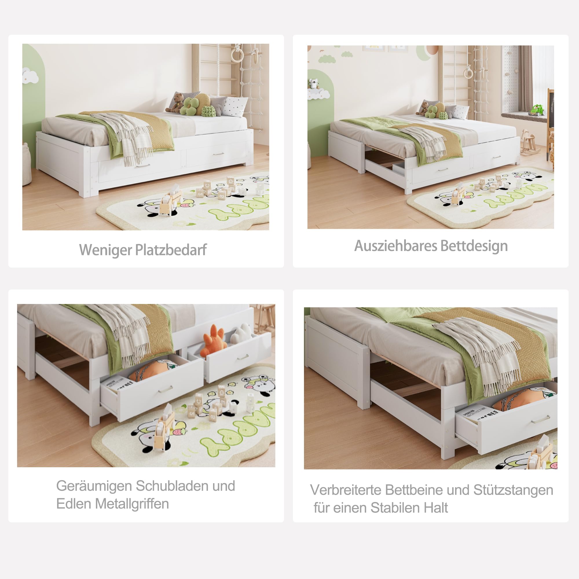 Soweiz Sofá cama extensible de madera, 90/180 x 190 cm, con dos cajones, sin reposabrazos ni respaldo, cama de invitados con somier (blanco)