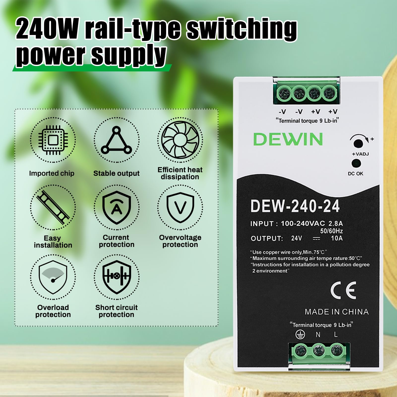 240W Fuente de alimentación Carril DIN 24V, Fuente de alimentación conmutada industrial tTransformador para carril DIN Entrada de CA100-240V 2,8A, Salida de CC 24V 10A