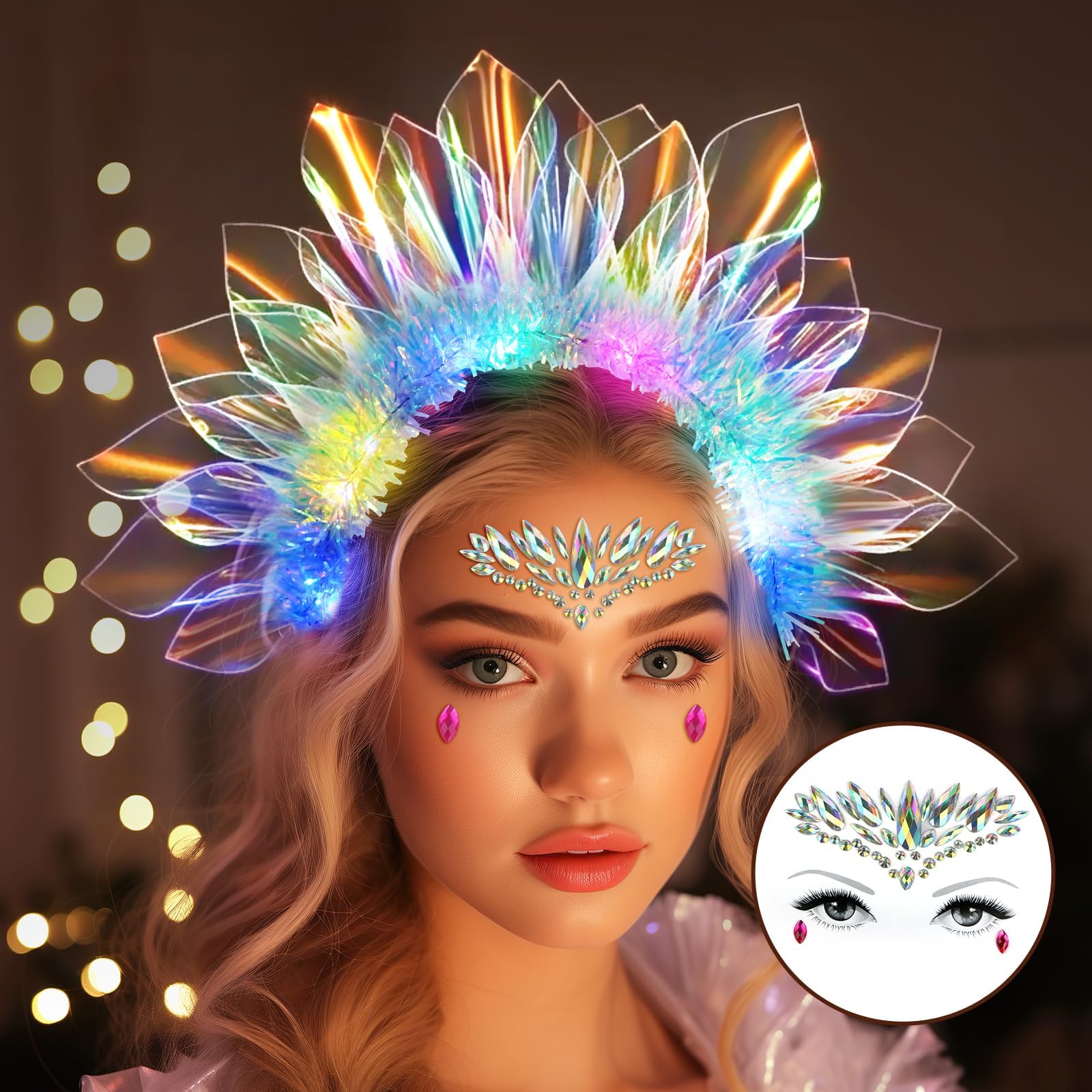 niCWhite Light Up Headband LED Crown Headbands Glow Tinsel Headpiece Flash Rave Hair Hoop for Nightclub Party Headwear Halloween Christmas Hair Accessories for Women Girls, with Face Face Jewels