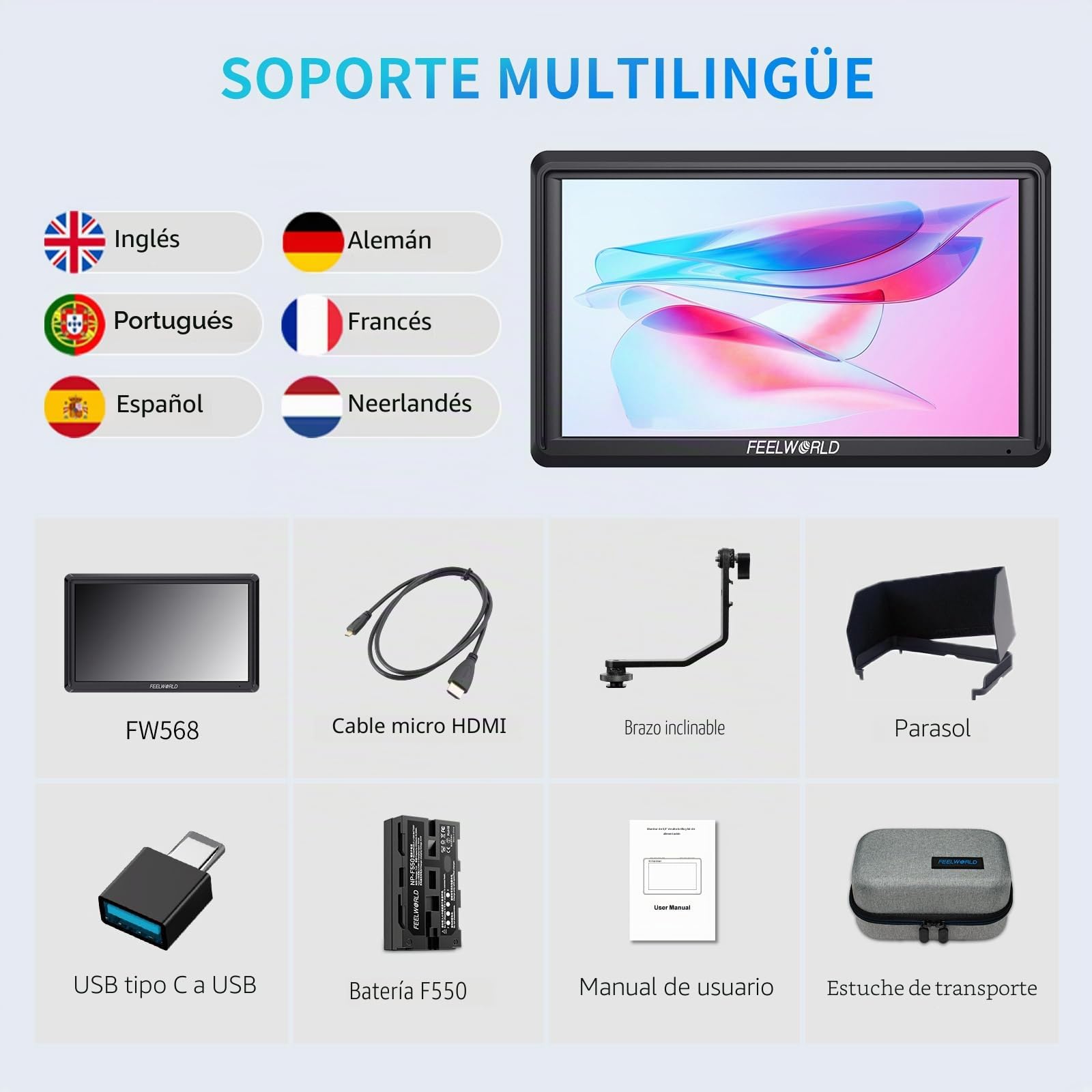FEELWORLD FW568 V3 Monitor de Campo DSLR de 6 Pulgadas con Batería F550 de 2200 mAh y Estuche de Transporte, LUT de Forma de Onda Video Peaking Focus Assist 1920x1080 IPS 4K Salida de Entrada HDMI