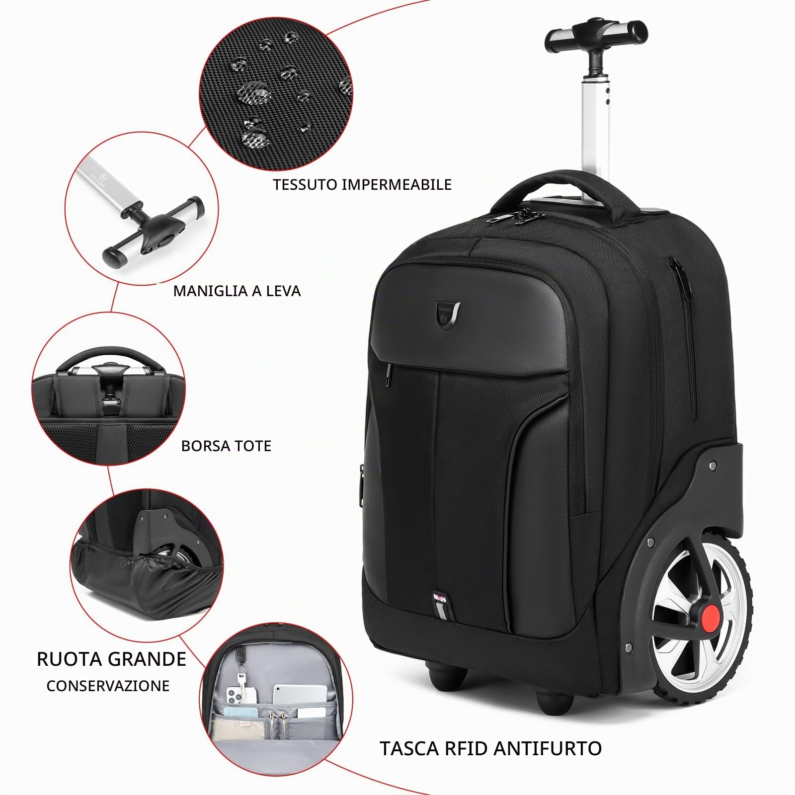 RUCYEN Zaino arrotolabile, zaino impermeabile con ruote per pendolari di lavoro e viaggi, zaino da portare con sé con scomparto per laptop, zaino con ruote per adulti, Nero , 18", Affari