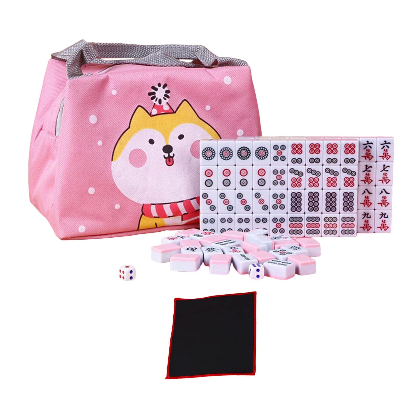 F Fityle Mini Mahjong Set, Majong Stones Game, Traditional Chinese Majong Game, Portable Board Game Set with 144 Mahjong Stones, Tabletop Board Game for Families, Camping, Pink