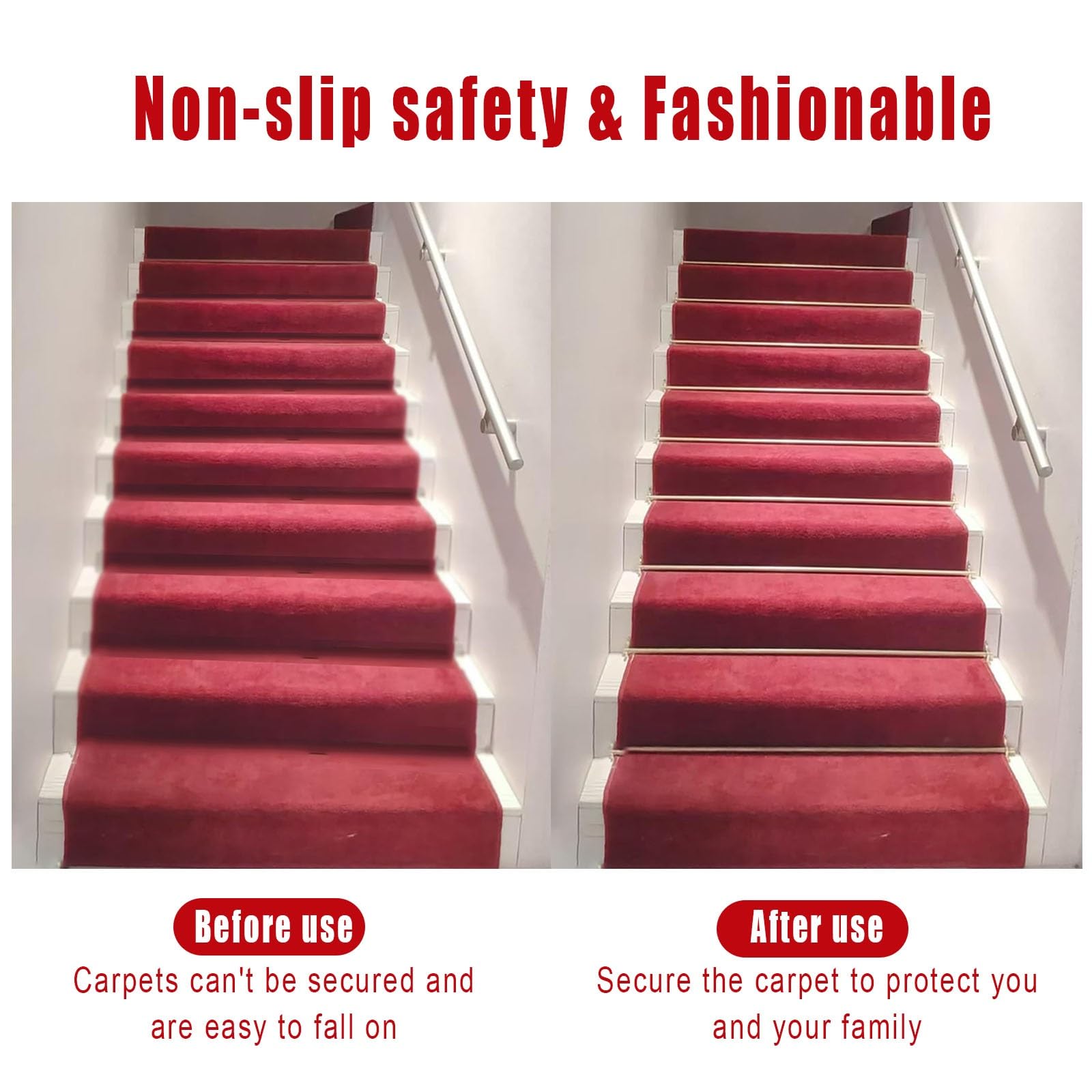 D - Varillas de latón para escaleras de alfombra – 14 varillas de presión de 97 cm para accesorios de escalera SecureRugs, fácil instalación, perfecto para decoración del hogar