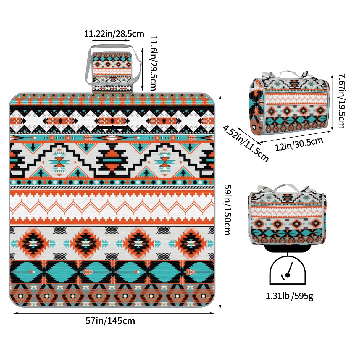 Shimoshe Picnic Blankets 57”x 59”, Aztec Geometric Patterns Waterproof Sandproof Picnic Mat Lightweight Foldable Beach Blanket for Camping Park Grass Beach Outdoor Blanket