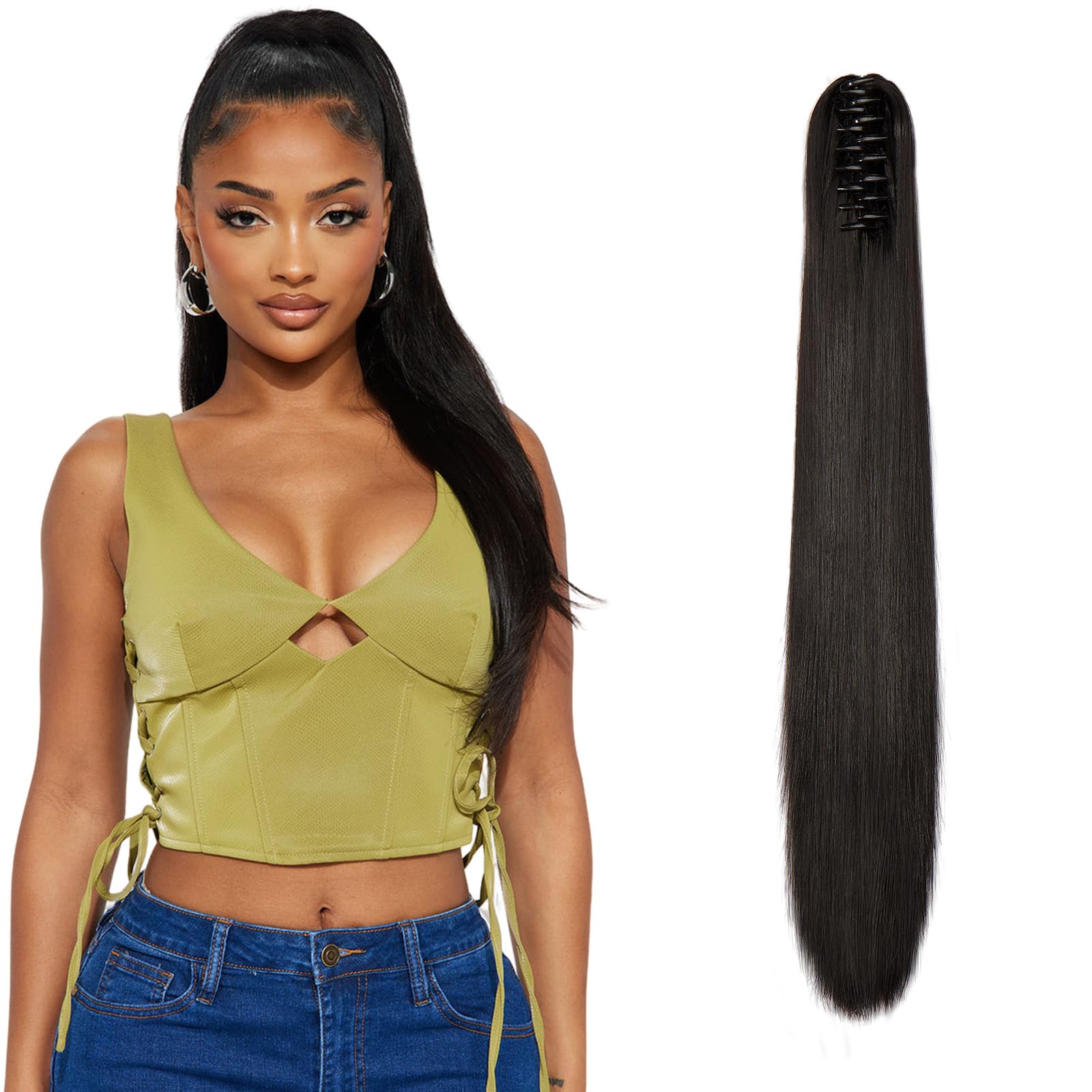 Dcbaboo 22inch Claw Clip in Ponytail Hair Extensions Long Straight Ponytail Extension Synthetic Pony tails Natural Wave One Piece Hairpiece Fake Ponytail for Women Dark Brown