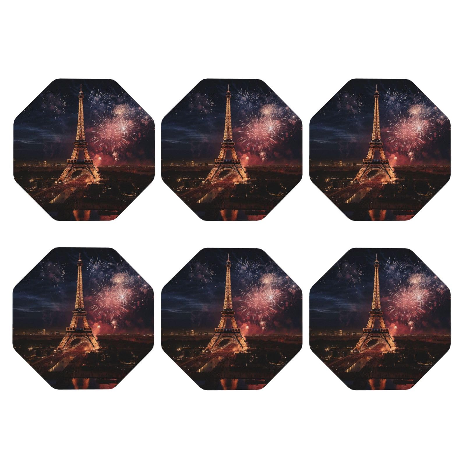 6Pcs PU Leather Coaster for Drinks, Eiffel Tower Fireworks Cup Coastersr 4" Cup Mat Pad, Aesthetic Drink Coasters for Coffee Table, Octagon Coaster for Tabletop Protection