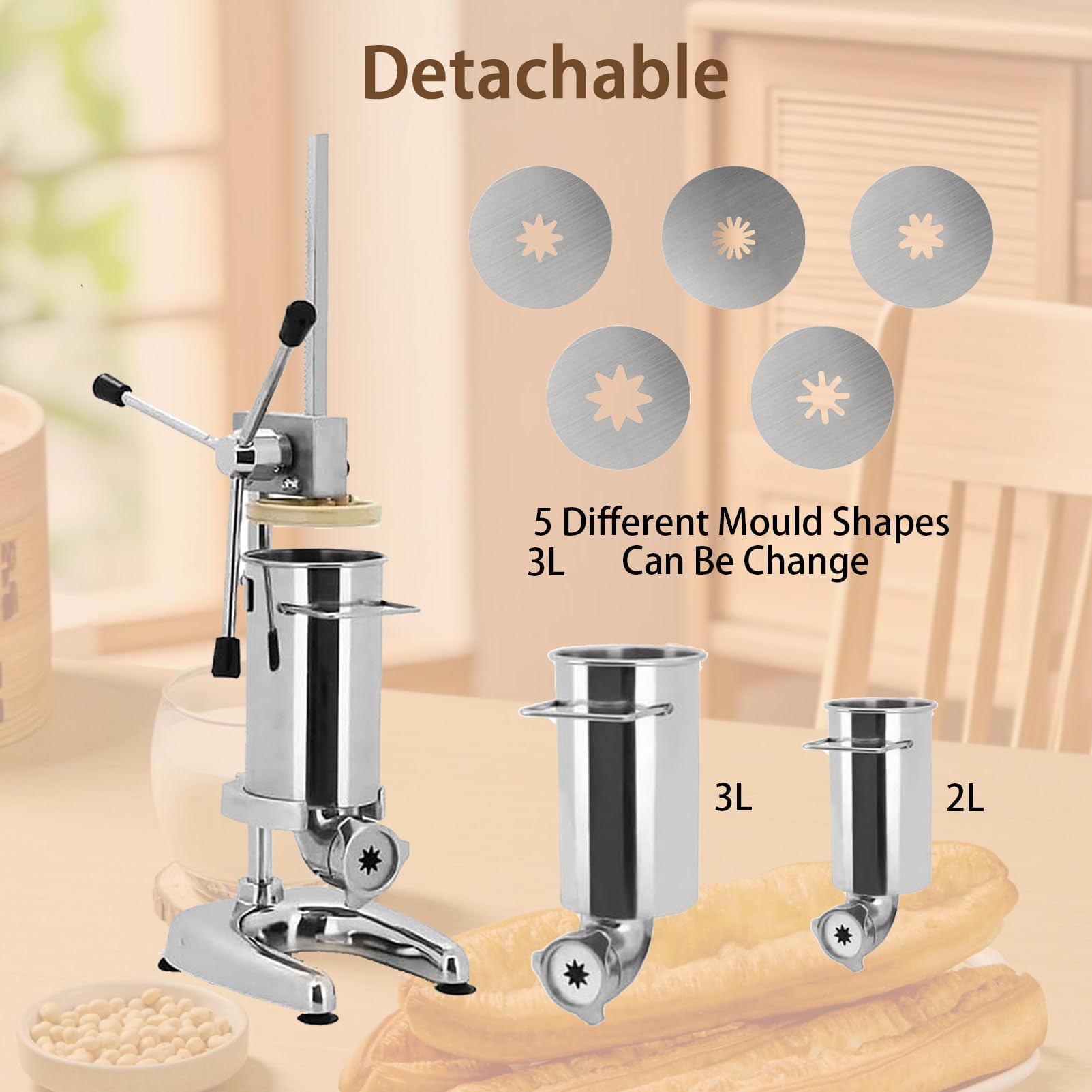 MáQuina para Hacer Churros Manual, MáQuina para Hacer Rellenos De Churros, MáQuina para Hacer Churros De Rosquillas EspañOlas Manual Comercial De 2 L, 5 Tipos De Moldes 3L