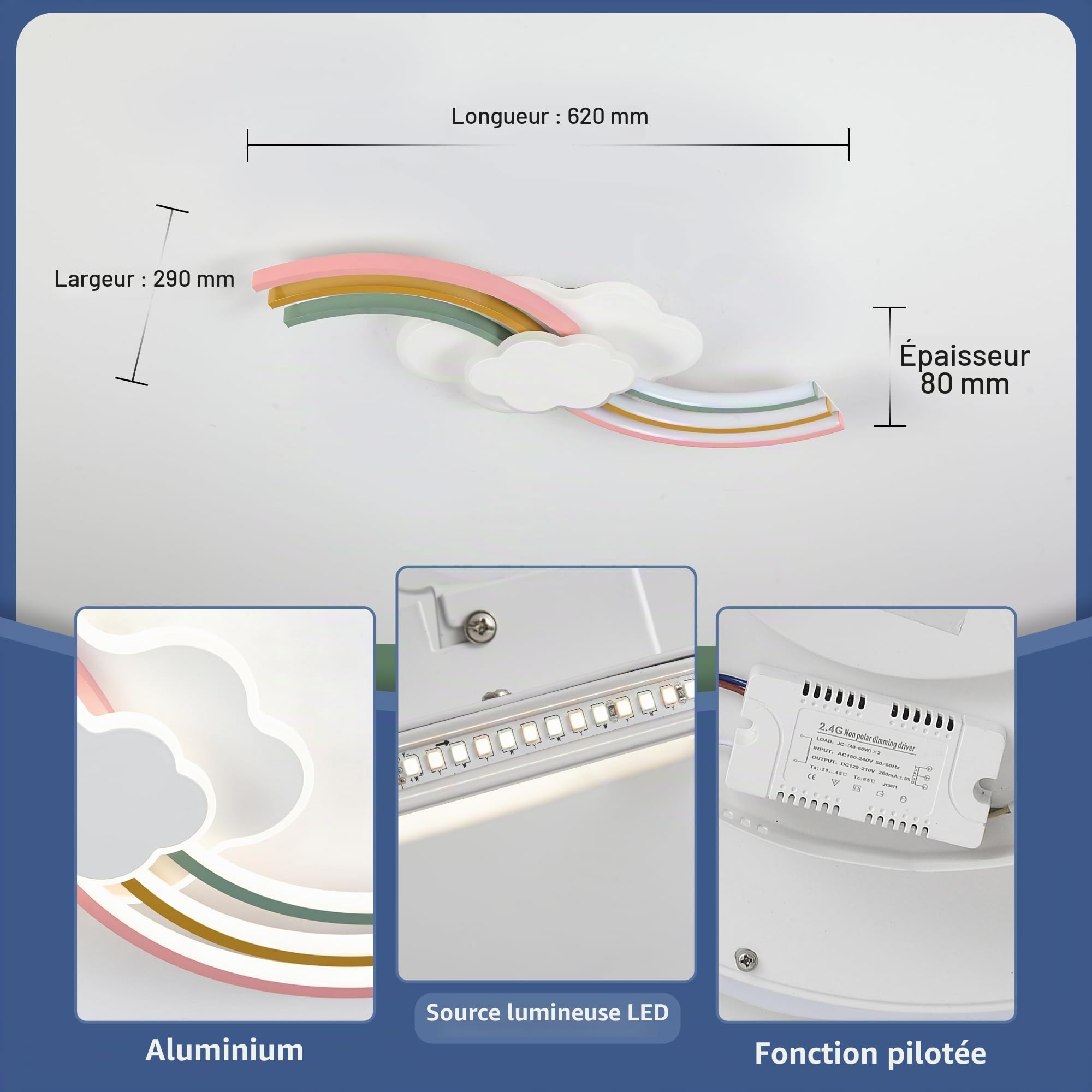 Plafonnier pour chambre d'enfant 62 cm, Luminaire LED avec télécommande, Nuage créatif, Lampe de Plafond arc-en-ciel, 3000 K-6000 K, Intensité variable, Minuteur et veilleuse pour chambre de bébé