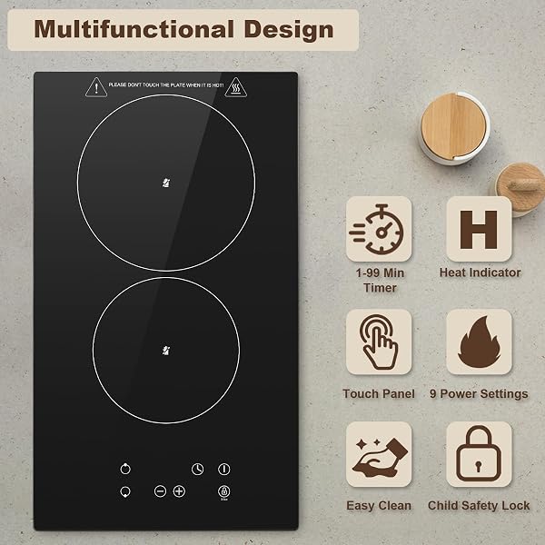 KICHPOWER Ceramic Hob 2 Zones, Electric Plug in Hob 30cm 2 Burners, 2800W, 9 Power Levels, 1-99 min Timer, Residual Heat Indicator, Child Safety Lock, compatible with All Pans & Pots - 3
