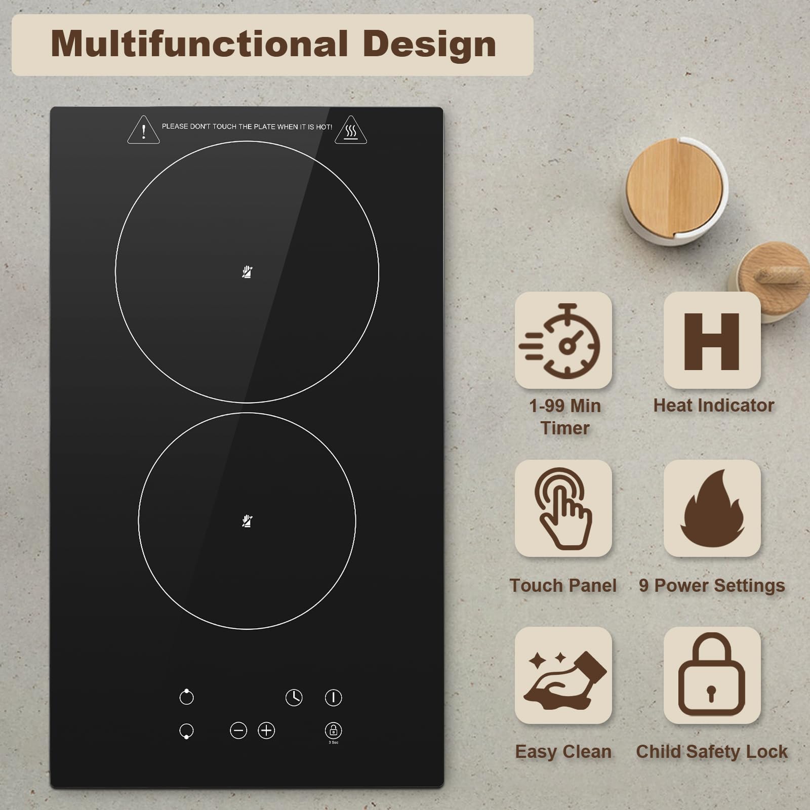 Ceramic Hob 2 Zones, Electric Plug in Hob 30cm 2 Burners, 2800W, 9 Power Levels, 1-99 min Timer, Residual Heat Indicator, Child Safety Lock, compatible with All Pans & Pots - 4