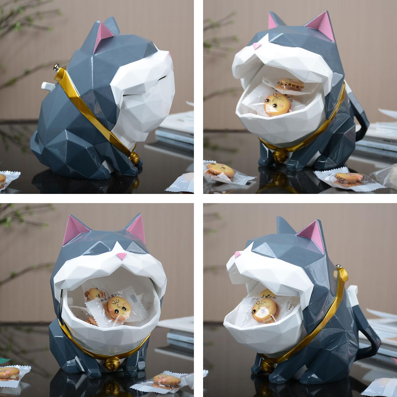HAUCOZE Fermable Boite Biscuits Bonbons, Chat Statue Figurine Animal Sculpture Moderne Objet Décoratif Maison Cadeau pour Salon Rangement 19cm