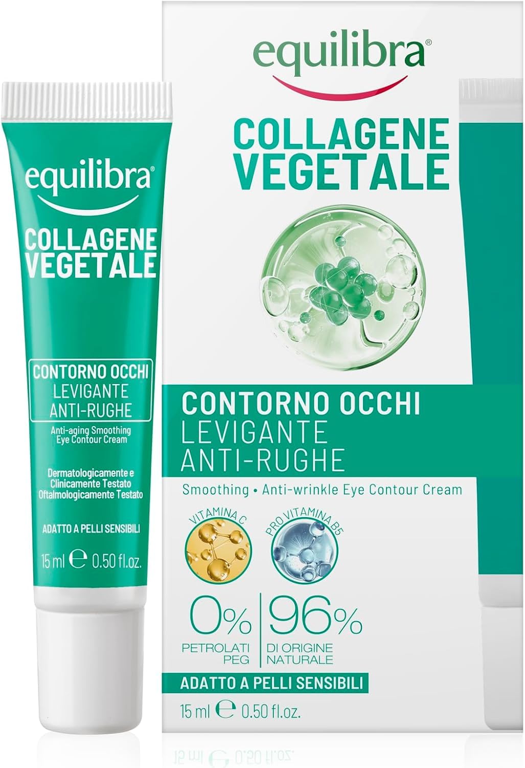 Equilibra, Collagene Vegetale Contorno Occhi Levigante Anti-​rughe, 15 ml , Crema con Fitocollagene da Semi di Zucca e Collagen Amino Acids, Vitamina C, Pro-​vitamina B5, Dermatologicamente Testato