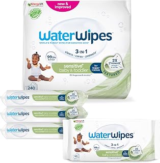 WaterWipes Sensitive+ Baby & Toddler Wipes, 99.9% Water, Pack of 4 | 3-in-1: Clean, Care & Protects, Textured Clean, Hypoallergenic, 0% Fragrance & Alcohol, 240pcs for Everyday Use