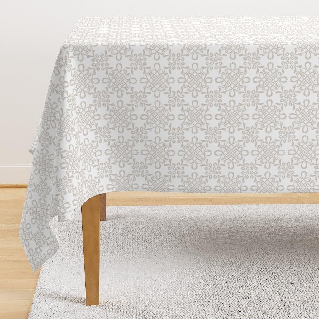 60" X 84"Geometric Tablecloth - Zara In Belgian Linen- Taupe Tan White Neutral Linen Home Decor Tablecloth
