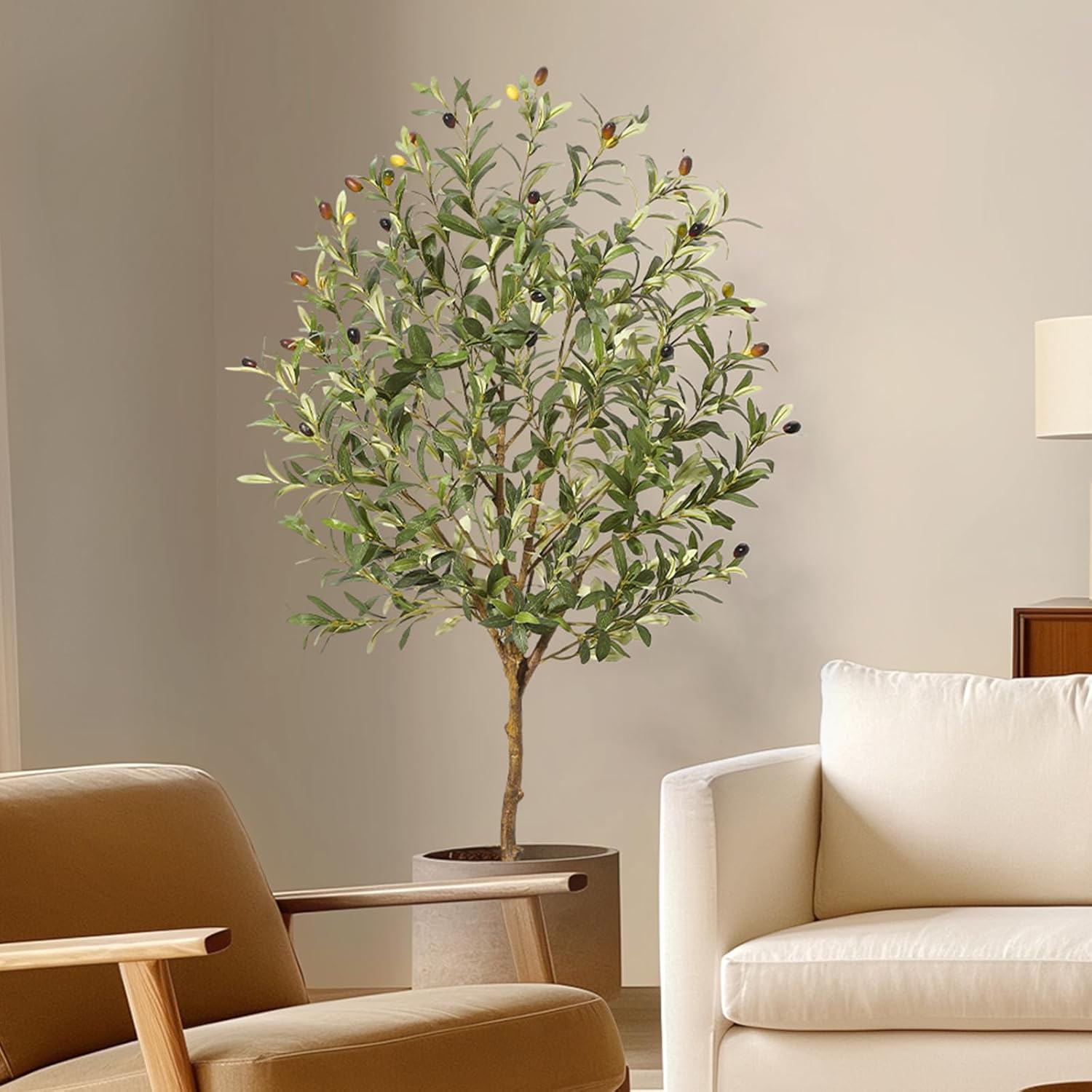 GarveeHome Faux Olive Tree Artificial Indoor, 4 ft Tall Fake Olive Tree with Moss for Home Decor, Tropical Faux Potted Silk Plant with Realistic Trunks, Adjustable Branch and Fruits