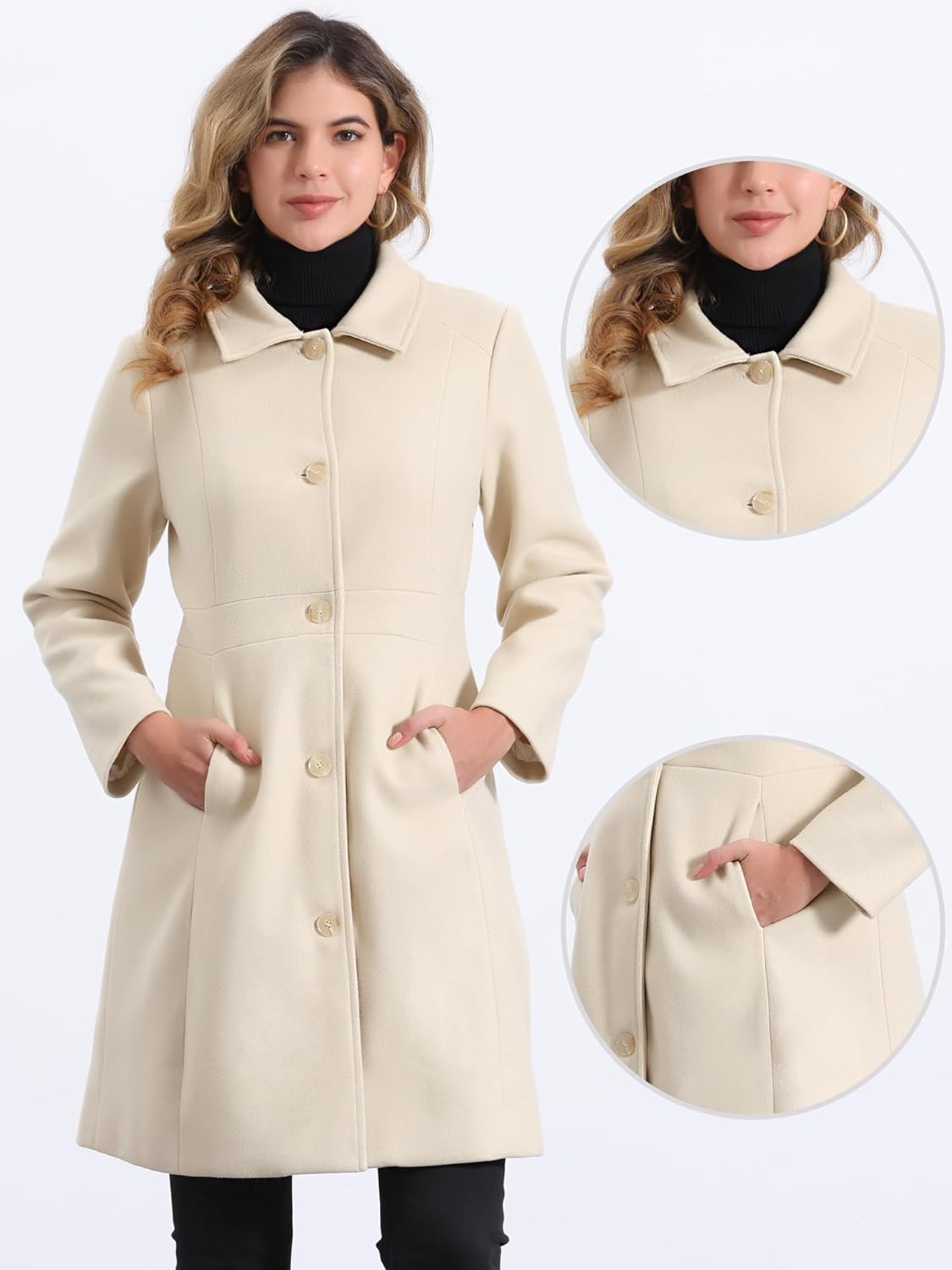 [Allegra K] レディース ラペルコート ボタンダウン シングルブレスト 長袖 エレガント 冬用ピーコート