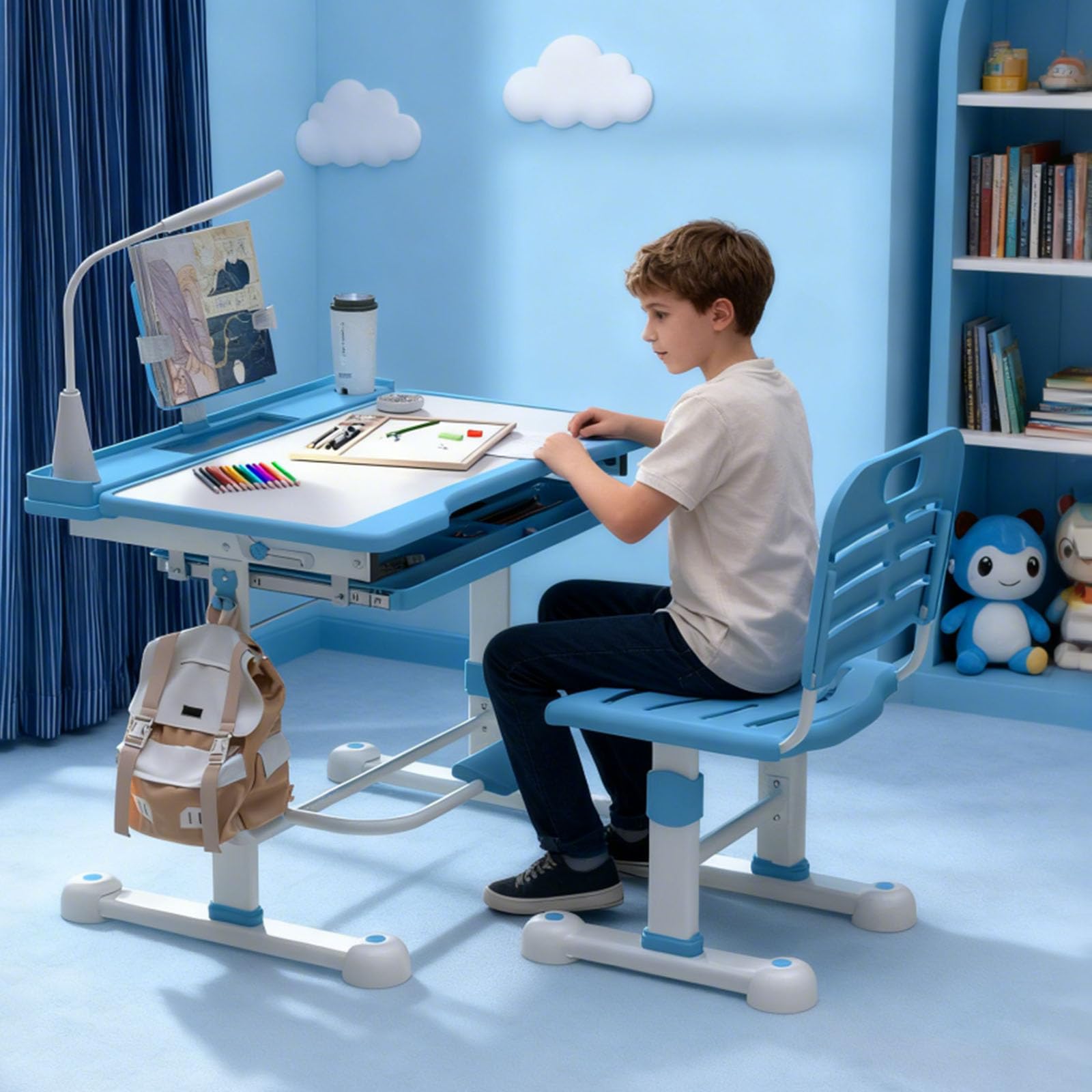 YLGJ&TIDY Ensemble de Table et de Chaises pour Enfants avec Lampe LED de Protection des Yeux, Bureau Enfant, Hauteur Réglable, Plateau Inclinable, Tiroir Multifonctions, Porte-Gobelet, Bleue