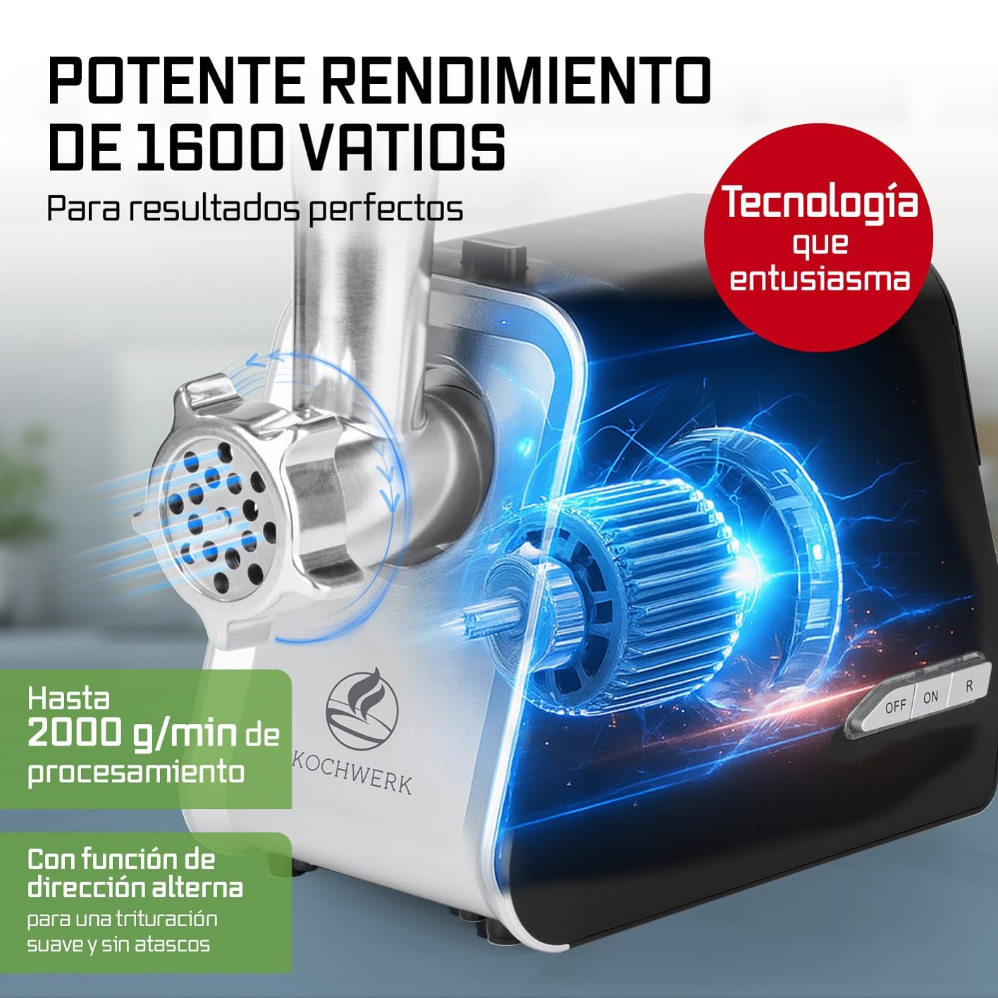 KOCHWERK Picadora de carne eléctrica con diferentes accesorios, procesa hasta 2000 g/min | carne picada, kibbeh, churros, salchichas y más con solo pulsar un botón | fácil manejo y limpieza [1600 W]