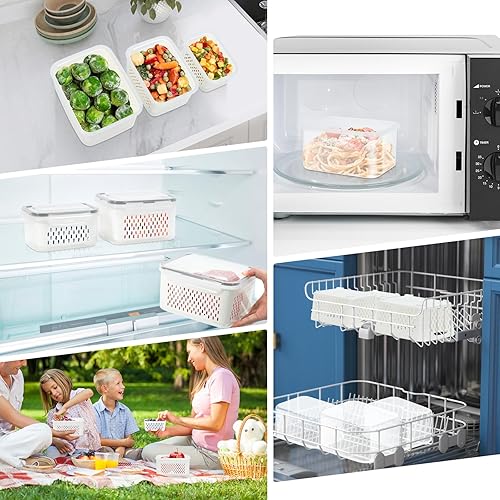 Miniatura 6 de Juego de 4 recipientes de almacenamiento de alimentos para refrigerador con coladores verdes, protector de productos frescos de plástico para