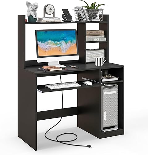 Giantex Escritorio para computadora con gabinete y estantería, mesa de computadora de 43.5 pulgadas con teclado Tra y soporte para CPU, escritorio