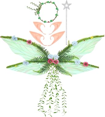 Fairy Costume Set with Fairy Butterfly Wings Floral Garland Wand Elf Ears for Renaissance Fantasy Costume Cosplay