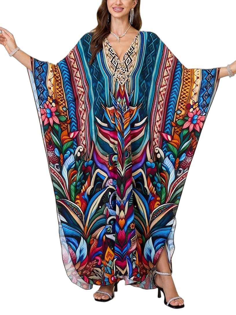 KEYLORTING Plus Size Kaftan Dress Women, African Moo Moo Print Caftan, Batwing Dress, Beach Cover Up for Party and Loungewear
