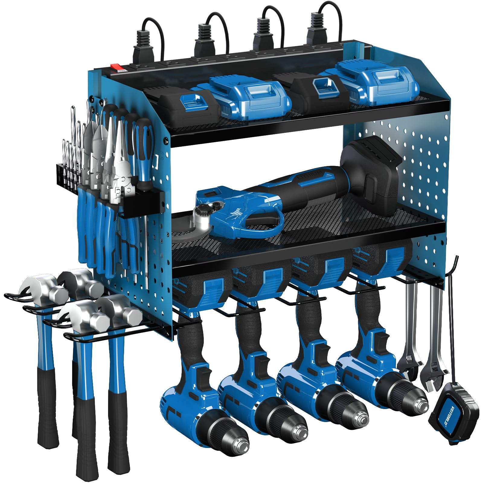 Veitorld Power Tool Organizer with Power Strip, 4 Drill Holders Tool Storage, Heavy Duty Rack for Garage Organization, Wall Mount Tool Organizer, Christmas Anniversary Birthday Gifts for Men Dad Him