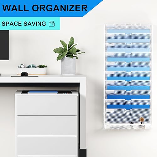 Miniatura 9 de GDINDINFAN Organizador de archivos de pared, soporte de malla para colgar documentos de papel, vertical de 5 bolsillos para oficina y hogar, color