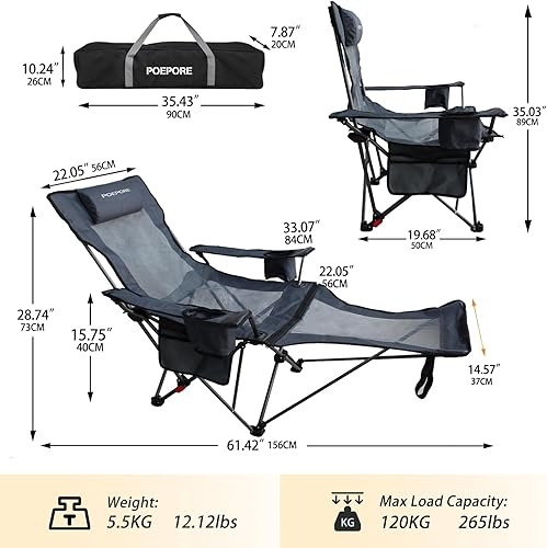 Miniatura 3 de Reclining Camping Chair with Removable Footrest Lounge Chair with Headrest, Cotton Cushion, Portable Adjustable Folding Chairs