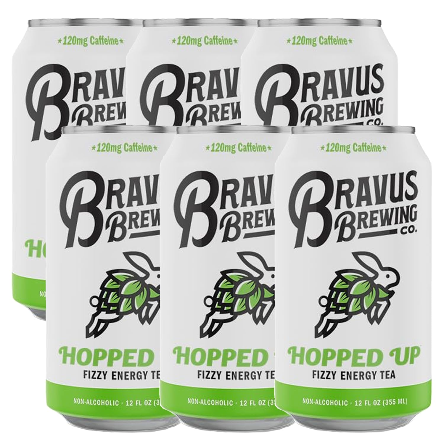 Bravus Hopped Up Sparkling Energy Tea 6 Pack - 12 fl oz - Low Calorie, Organic Black Tea with Organic Hops and 120mg Organic Caffeine - Refreshing Boost with Only 10 Calories