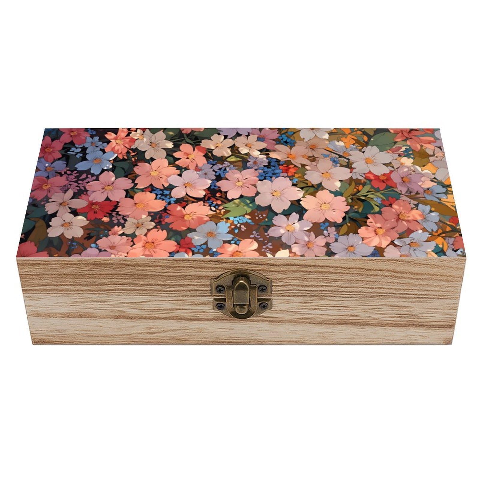 HLBSDM Floral Pink Blue Cherry Blossom Vintage Wooden Keepsake Box with Hinged Lid And Locking Clasp, Decorative Storage Box for Jewelry, Trinkets And Small Accessories, Organizer for Home Or Wedding