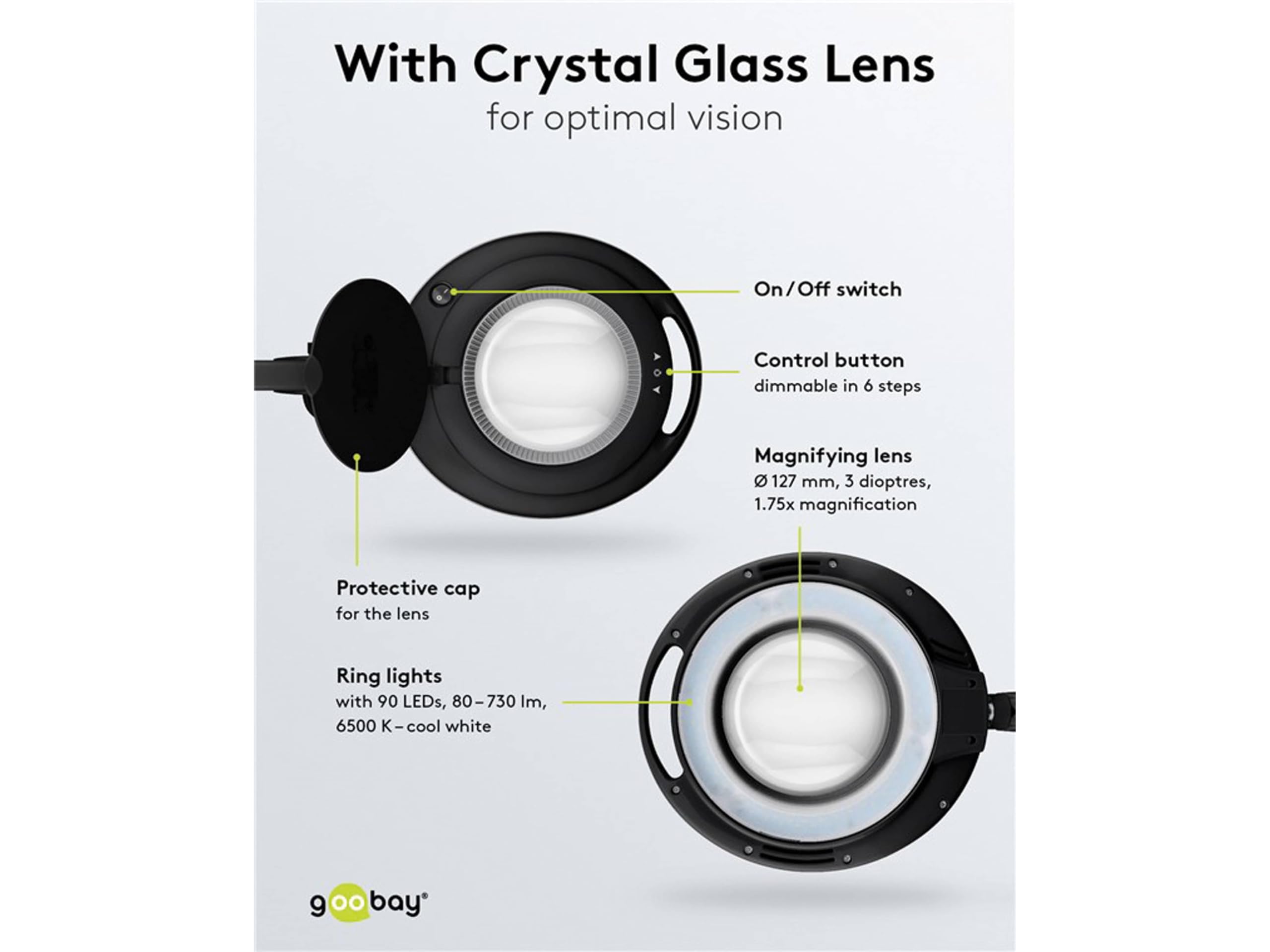 goobay 64988 Lámpara aumento LED 9W 730lm/ pinza/lente cristal 127mm 1,75 aumentos lupa trabajo cosmética, soldadura, manualidades, leer/brazo articulado/lámpara sobremesa