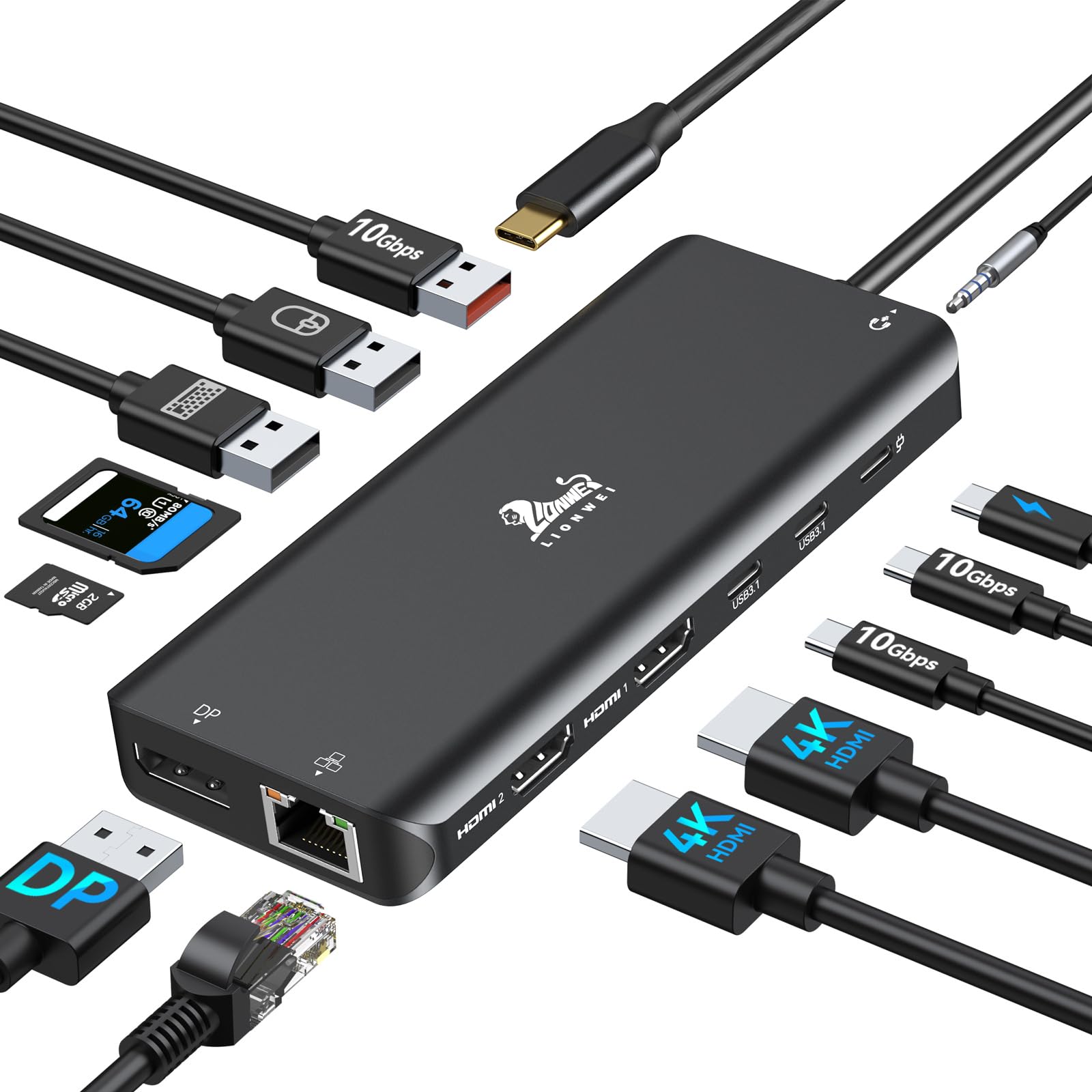 USB C Docking Station Dual Monitor Dockingstation Laptop 13 in 1 USB-C Hub Triple Display mit 2 HDMI, DisplayPort, 5 USBC/A, Ethernet, 100W PD, SD/TF, Audio/Mic für Dell HP Surface, Schwarz