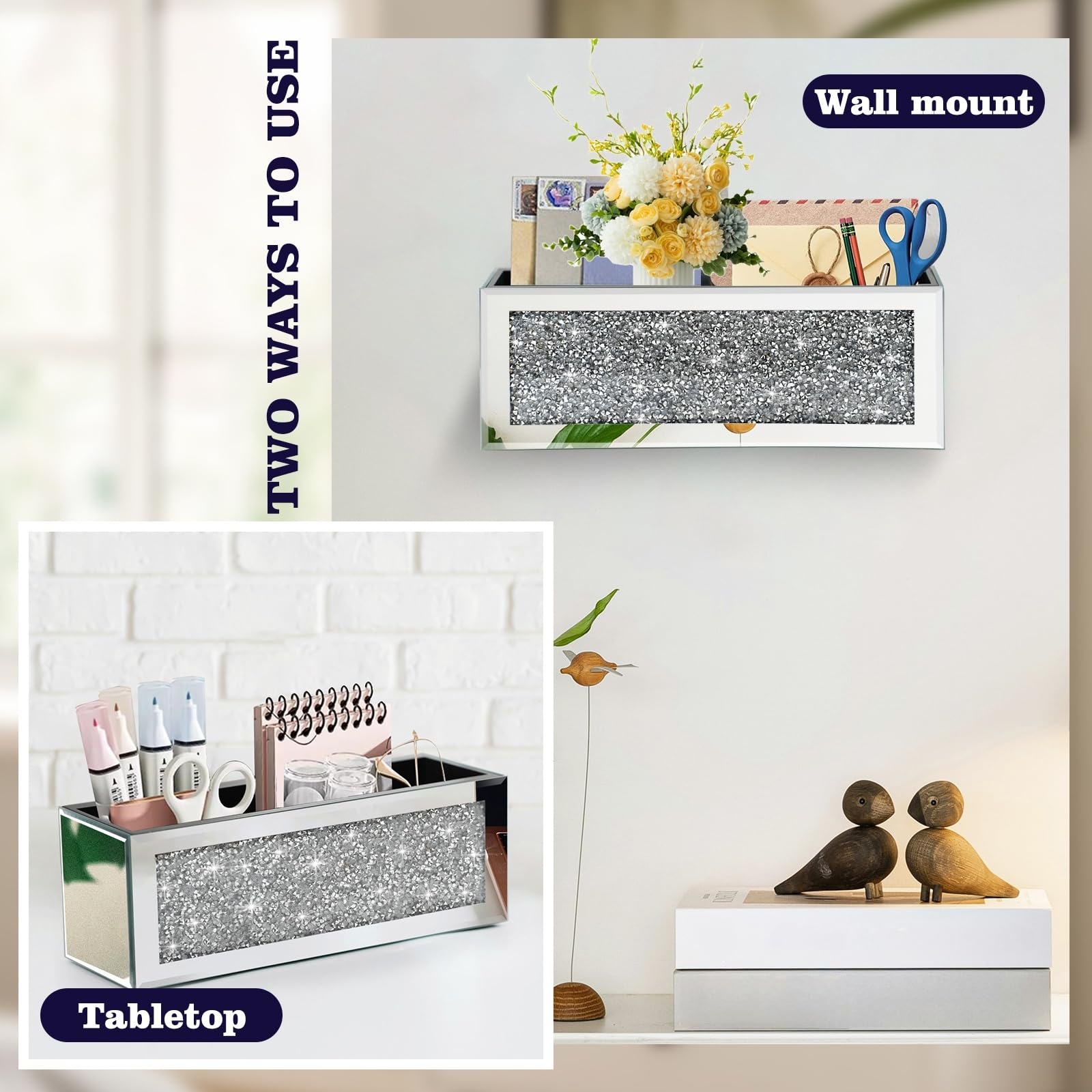 Crystal Crush Diamond Mail Organizer Arbeitsplatte, verspiegelte Wandhalterung, Briefhalter, Silberne Postablage, Schreibtisch Postkorb