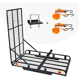 Hitch Mount Steel Cargo Carrier Basket with 49'' Folding Wheelchair Ramp, Fits 2'' Trailer Mounted Hitches