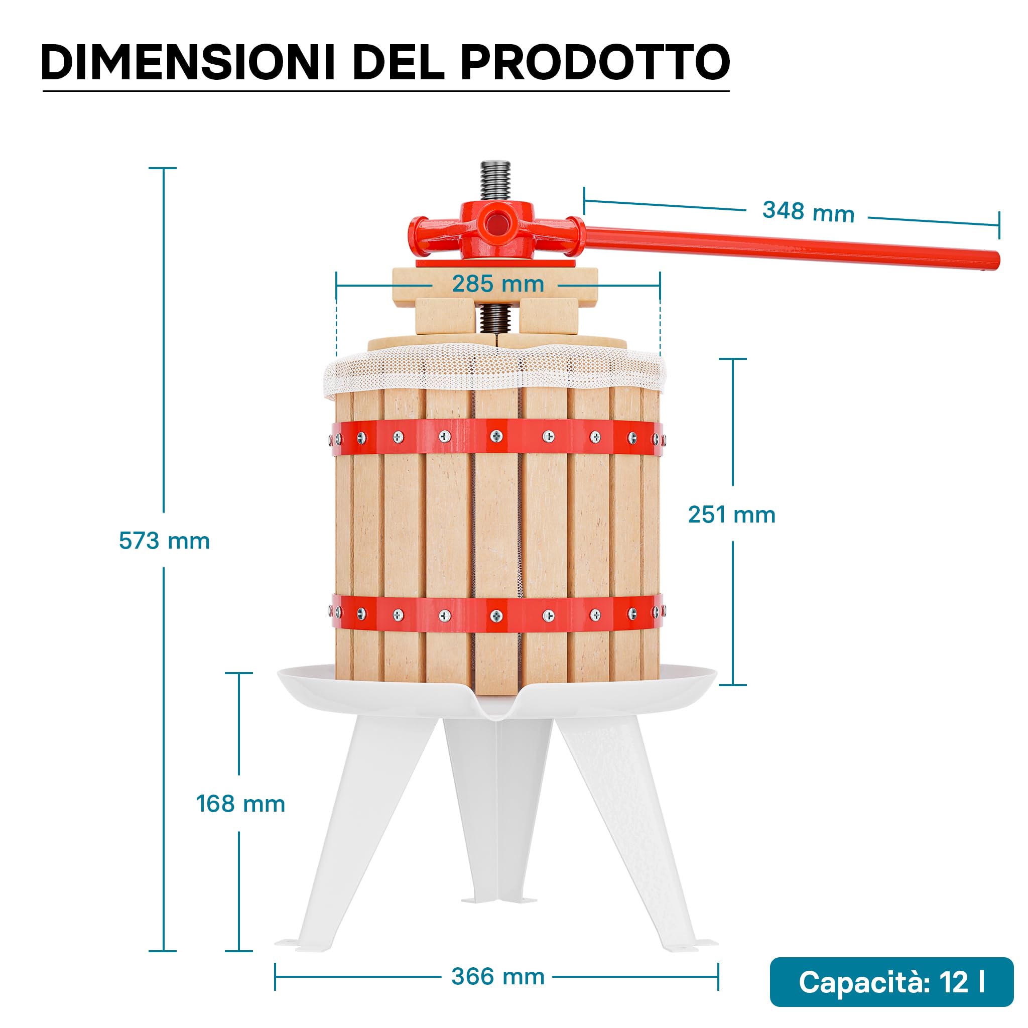 Wiltec Torchio Frutta da 12 l con Gabbia in Legno e scacco di spremitura, Torchio a Leva