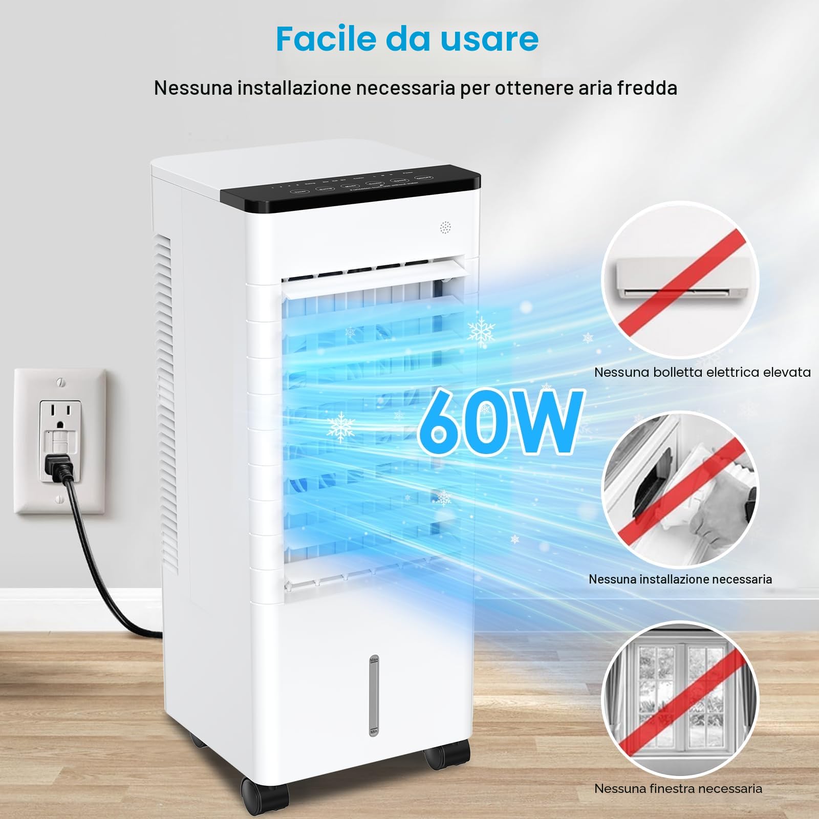 Condizionatore Portatile Senza Tubo, Silenzioso Raffreddatore d'aria Grande Serbatoio da 5.5 L, 4 in 1 Multifunzione Evaporativo Mobile, Timer da 7 ore,3 Velocità,con Telecomando,Senza Unità Esterna