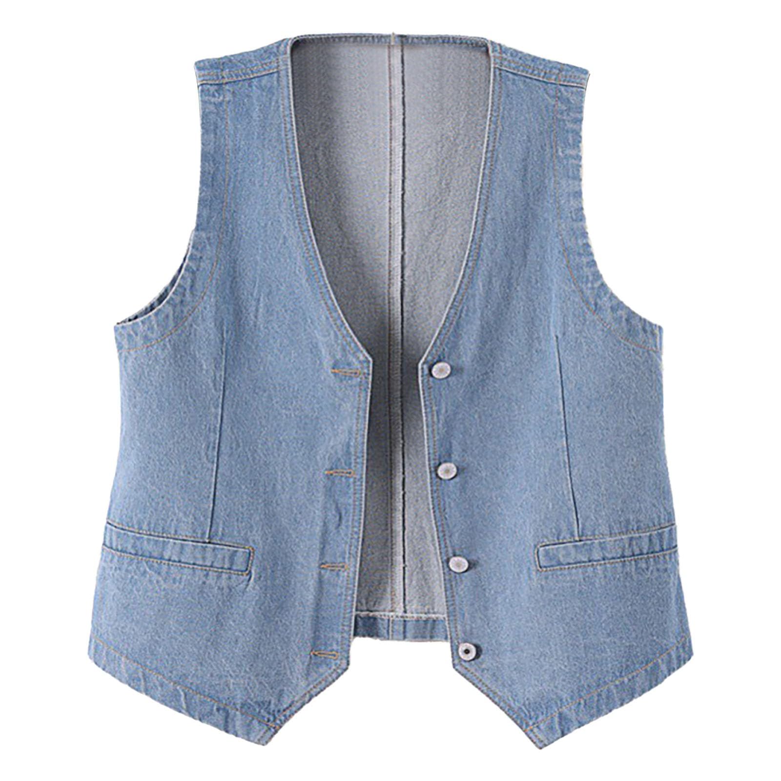 Gilet in jeans da donna, corto, senza maniche, scollo a V, abbottonatura, alla moda, streetwear, denim gilet, Y2k, canotta senza pancia, streetwear, gilet in jeans